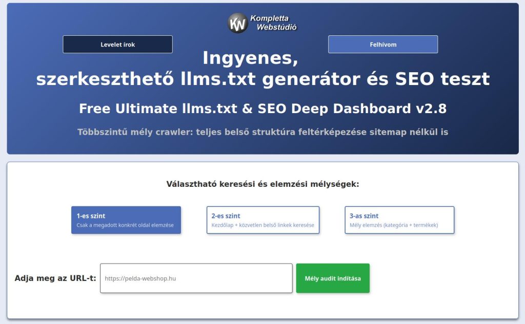 ingyenes llms.txt generator + SEO audit